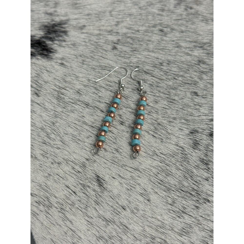 Native American Copper Navajo Pearl Blue Turquoise HEISHI Earrings Sterling Hook - Picture 4 of 6